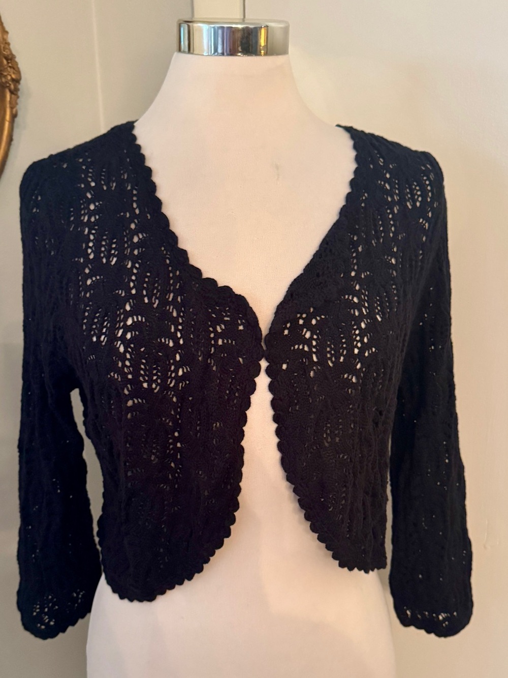Black Crochet Shrug Open-Front Women's XL Cotton 3/4 sleeve